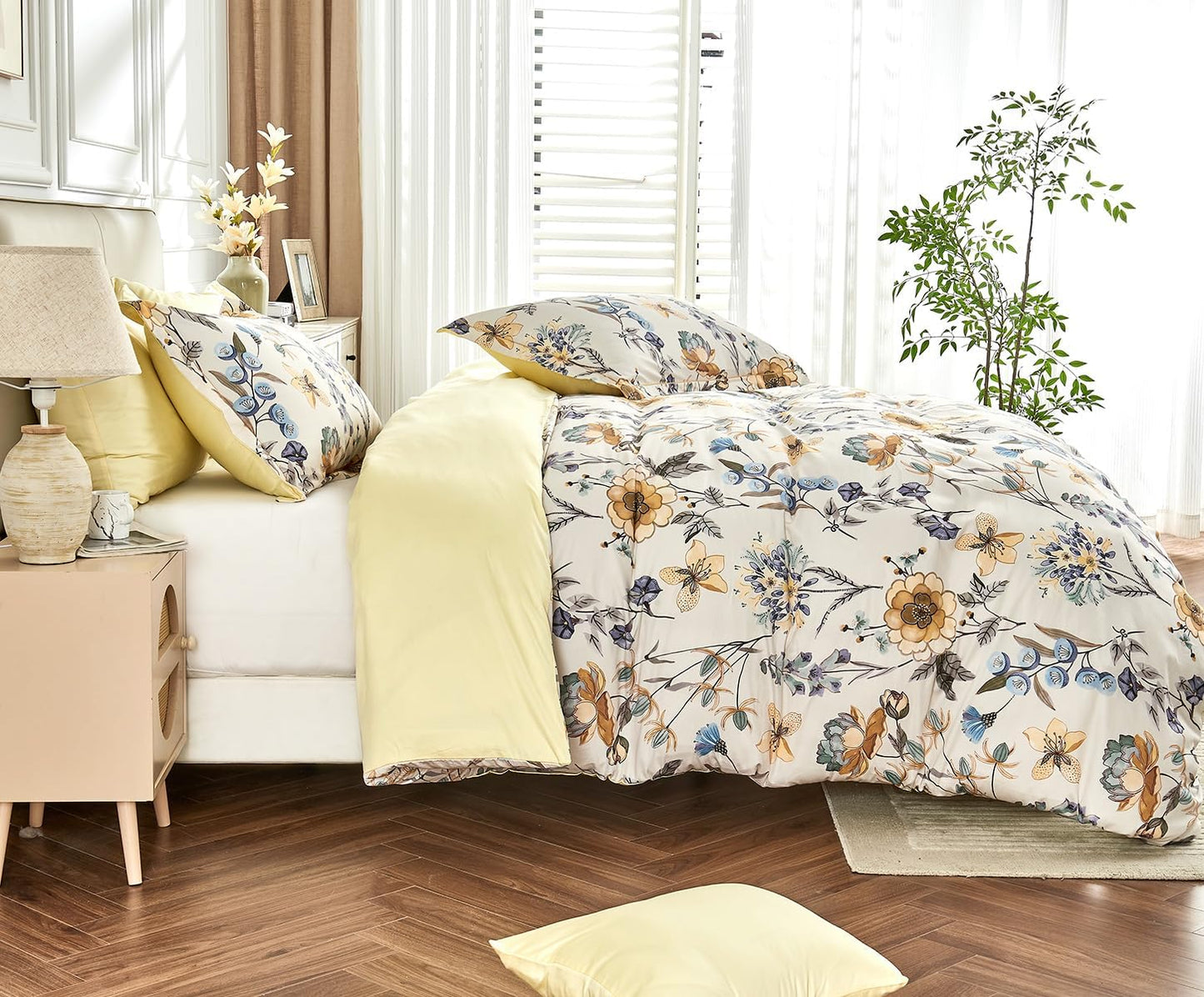 Luxury 600 Thread Count Cotton Sateen Queen Size Duvet Cover Set, Buttery Soft & Silky Breathable Bedding, Reversible Blue & Yellow Botanical Quilt Cover with Button Closure