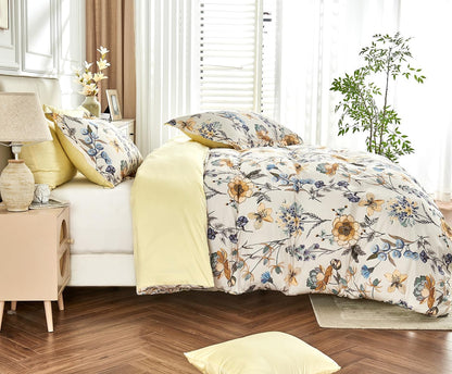 Luxury 600 Thread Count Cotton Sateen Queen Size Duvet Cover Set, Buttery Soft & Silky Breathable Bedding, Reversible Blue & Yellow Botanical Quilt Cover with Button Closure