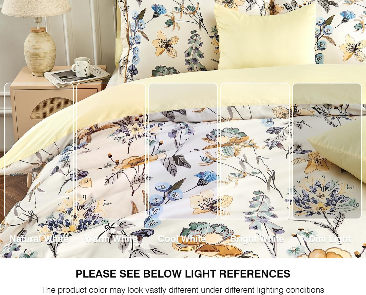Luxury 600 Thread Count Cotton Sateen Queen Size Duvet Cover Set, Buttery Soft & Silky Breathable Bedding, Reversible Blue & Yellow Botanical Quilt Cover with Button Closure