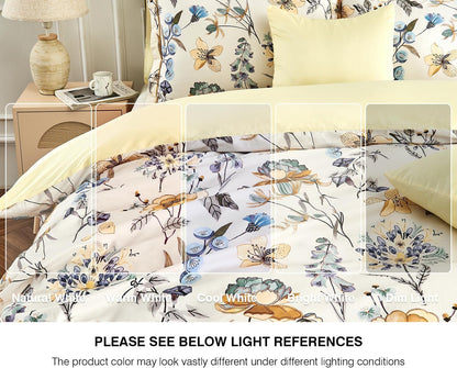 Luxury 600 Thread Count Cotton Sateen Queen Size Duvet Cover Set, Buttery Soft & Silky Breathable Bedding, Reversible Blue & Yellow Botanical Quilt Cover with Button Closure