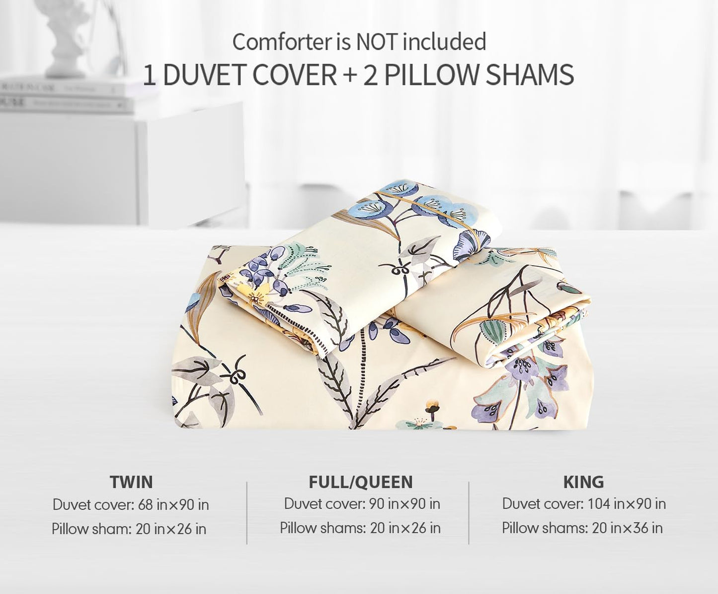 Luxury 600 Thread Count Cotton Sateen Queen Size Duvet Cover Set, Buttery Soft & Silky Breathable Bedding, Reversible Blue & Yellow Botanical Quilt Cover with Button Closure