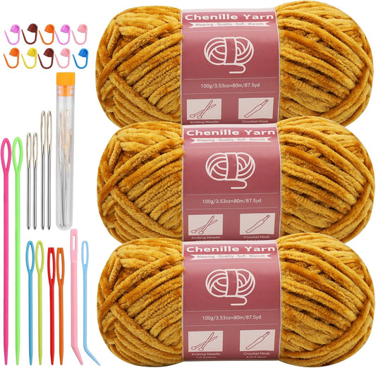 Chenille Yarn 3 Pack 3.5oz Chunky Blanket Velvet Yarn 263 Yard | Deep Yellow Chunky Chenille Yarn for Beginners Crocheting Hand Knitting Scarves with Big Eye Needles Machine Washable
