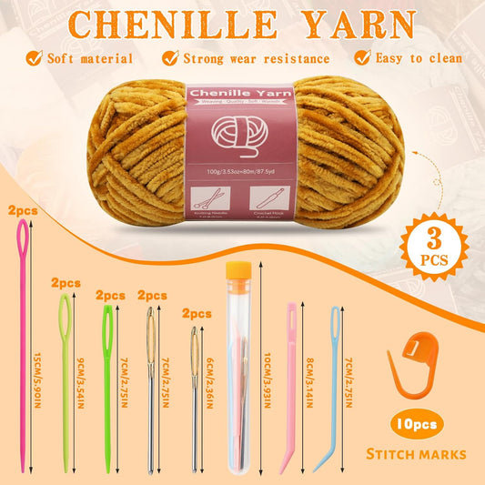 Chenille Yarn 3 Pack 3.5oz Chunky Blanket Velvet Yarn 263 Yard | Deep Yellow Chunky Chenille Yarn for Beginners Crocheting Hand Knitting Scarves with Big Eye Needles Machine Washable
