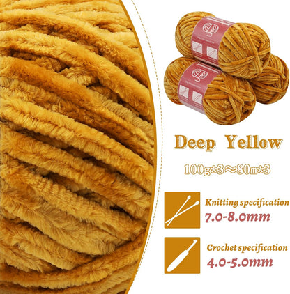 Chenille Yarn 3 Pack 3.5oz Chunky Blanket Velvet Yarn 263 Yard | Deep Yellow Chunky Chenille Yarn for Beginners Crocheting Hand Knitting Scarves with Big Eye Needles Machine Washable