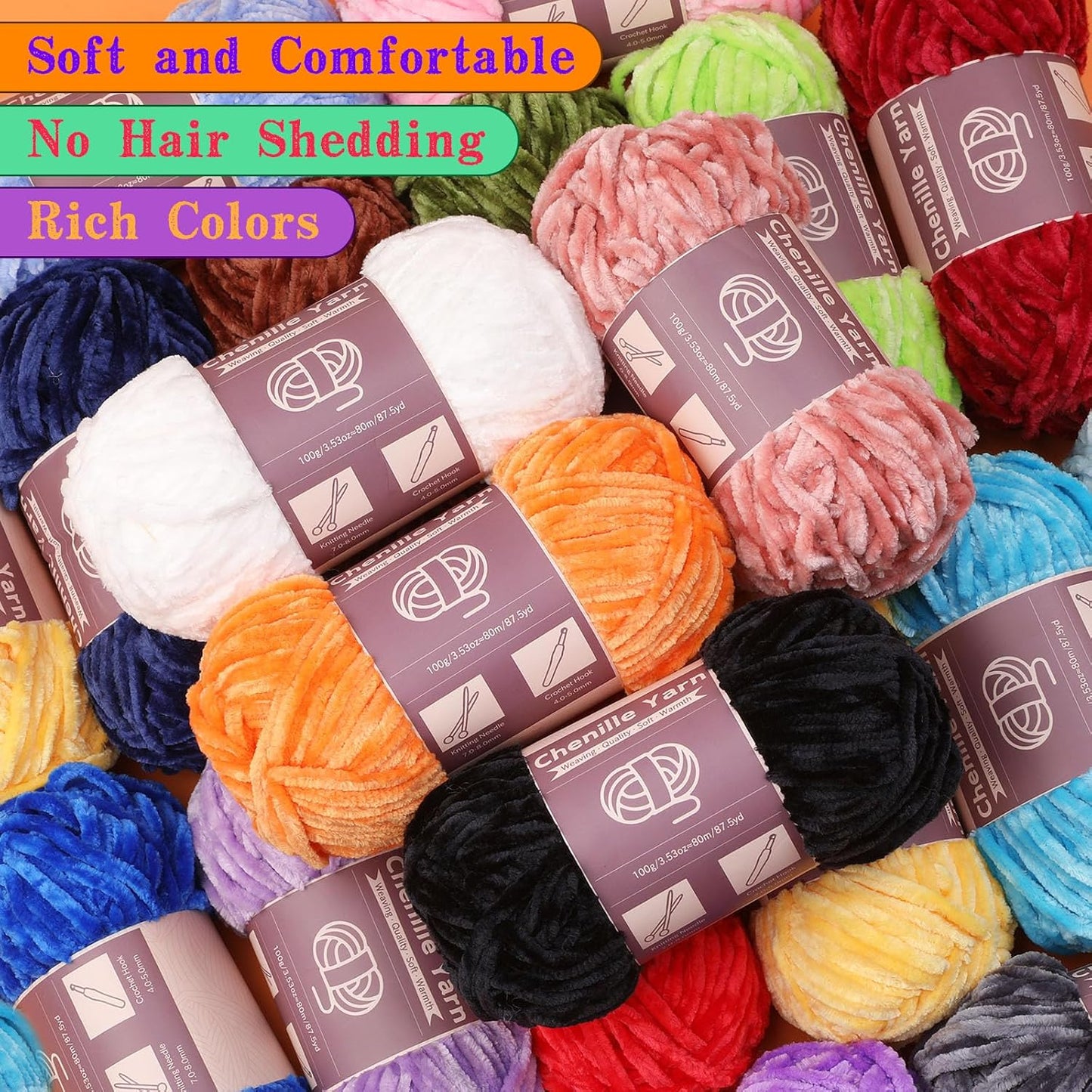 Chenille Yarn 3 Pack 3.5oz Chunky Blanket Velvet Yarn 263 Yard | Deep Yellow Chunky Chenille Yarn for Beginners Crocheting Hand Knitting Scarves with Big Eye Needles Machine Washable