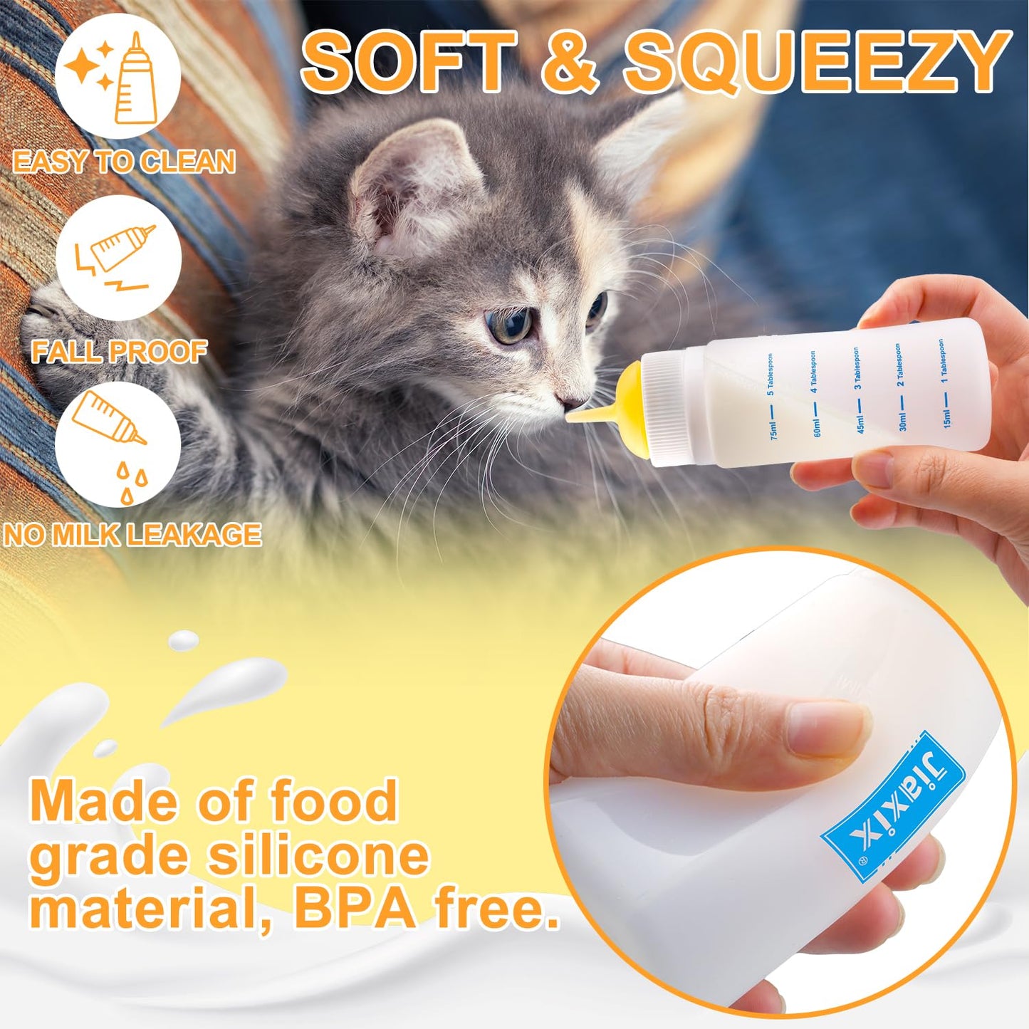 3 Pack Kitten Silicone Bottle Feeding Kit, Medium Flow, Yellow, 75ml, BPA Free, Anti-Colic, Dishwasher Safe