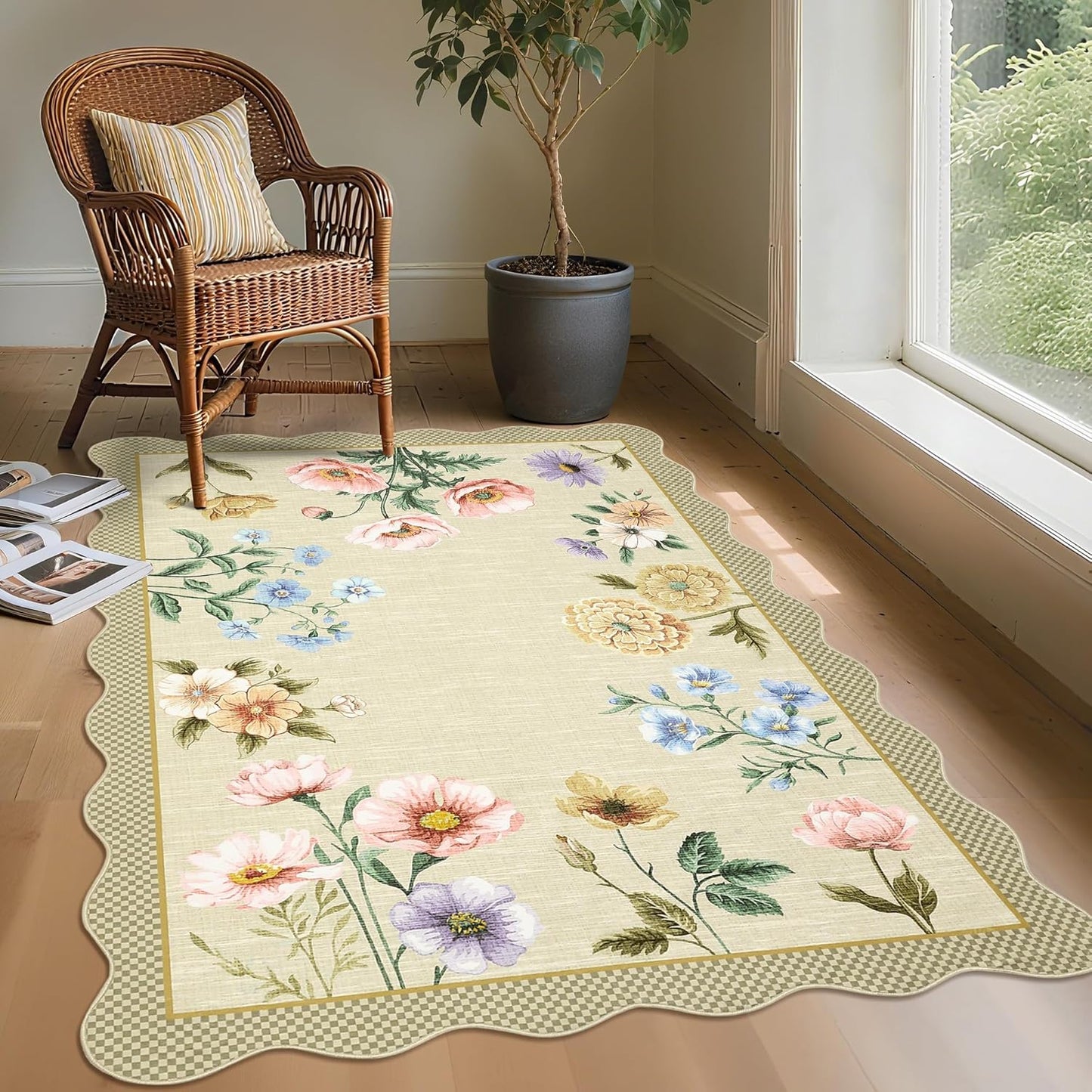 Floral 4x6 Rug, Ultra-Thin Soft Scalloped 4X6 Area Rug for Living Room, Non-Slip Stain Resistant Boho Lightweight Low-Pile Throw Rug for Nursery Office, Yellow