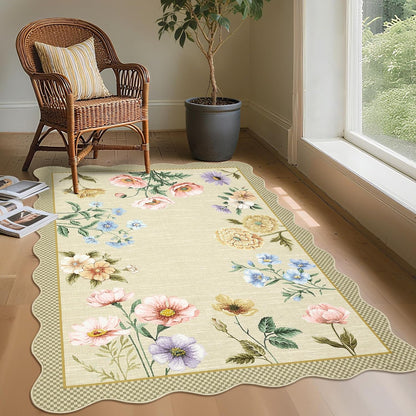 Floral 4x6 Rug, Ultra-Thin Soft Scalloped 4X6 Area Rug for Living Room, Non-Slip Stain Resistant Boho Lightweight Low-Pile Throw Rug for Nursery Office, Yellow