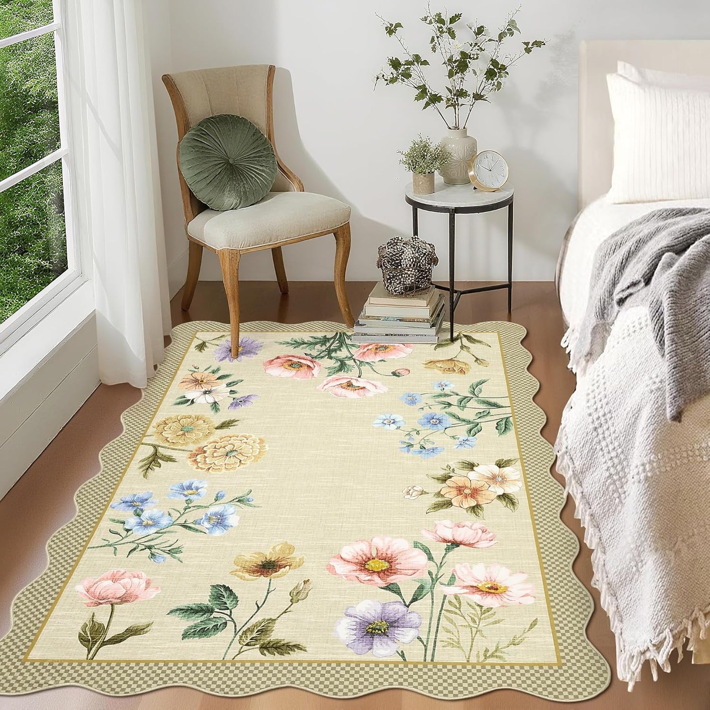 Floral 4x6 Rug, Ultra-Thin Soft Scalloped 4X6 Area Rug for Living Room, Non-Slip Stain Resistant Boho Lightweight Low-Pile Throw Rug for Nursery Office, Yellow