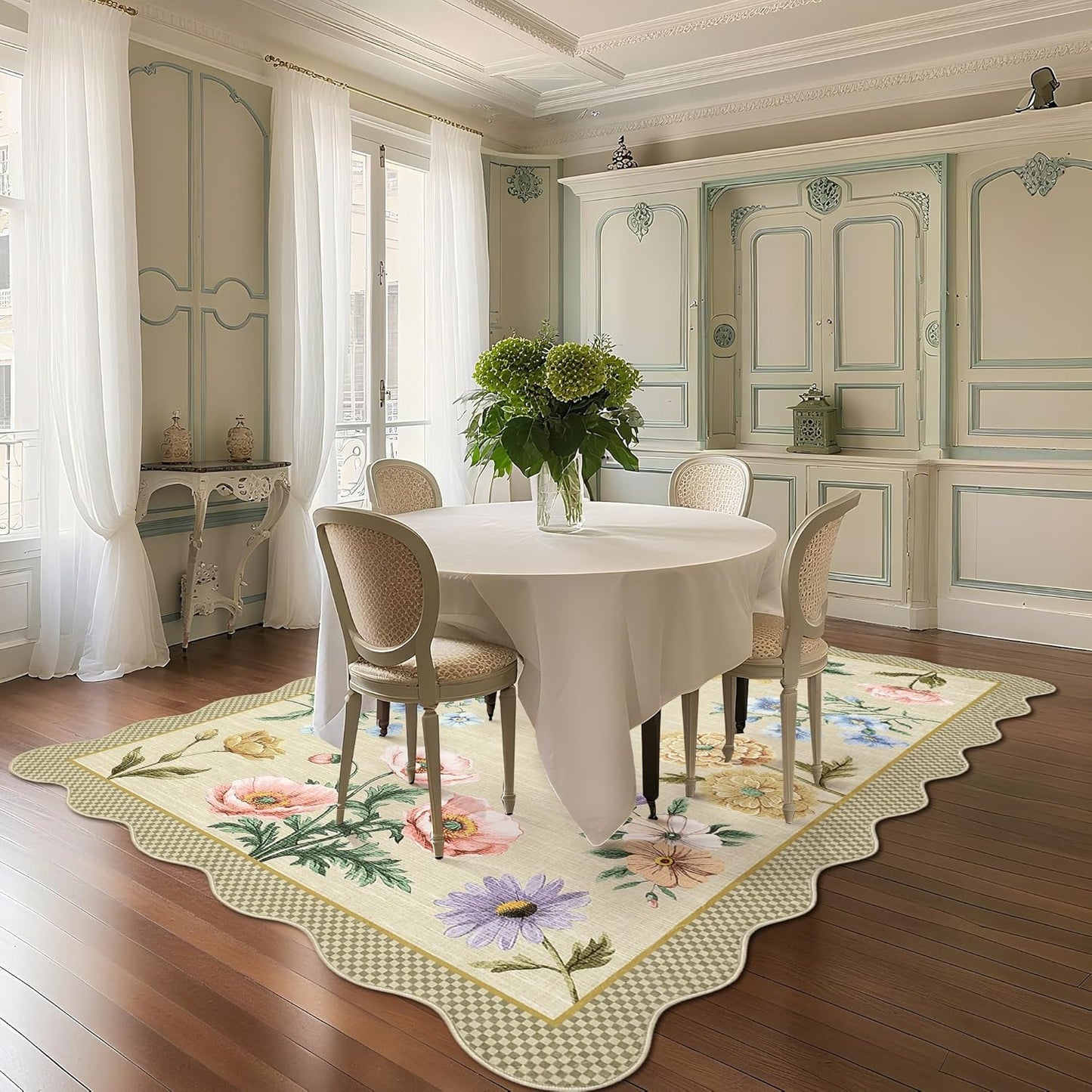Floral 4x6 Rug, Ultra-Thin Soft Scalloped 4X6 Area Rug for Living Room, Non-Slip Stain Resistant Boho Lightweight Low-Pile Throw Rug for Nursery Office, Yellow