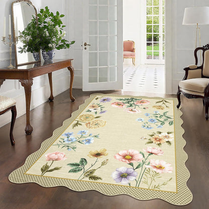Floral 4x6 Rug, Ultra-Thin Soft Scalloped 4X6 Area Rug for Living Room, Non-Slip Stain Resistant Boho Lightweight Low-Pile Throw Rug for Nursery Office, Yellow