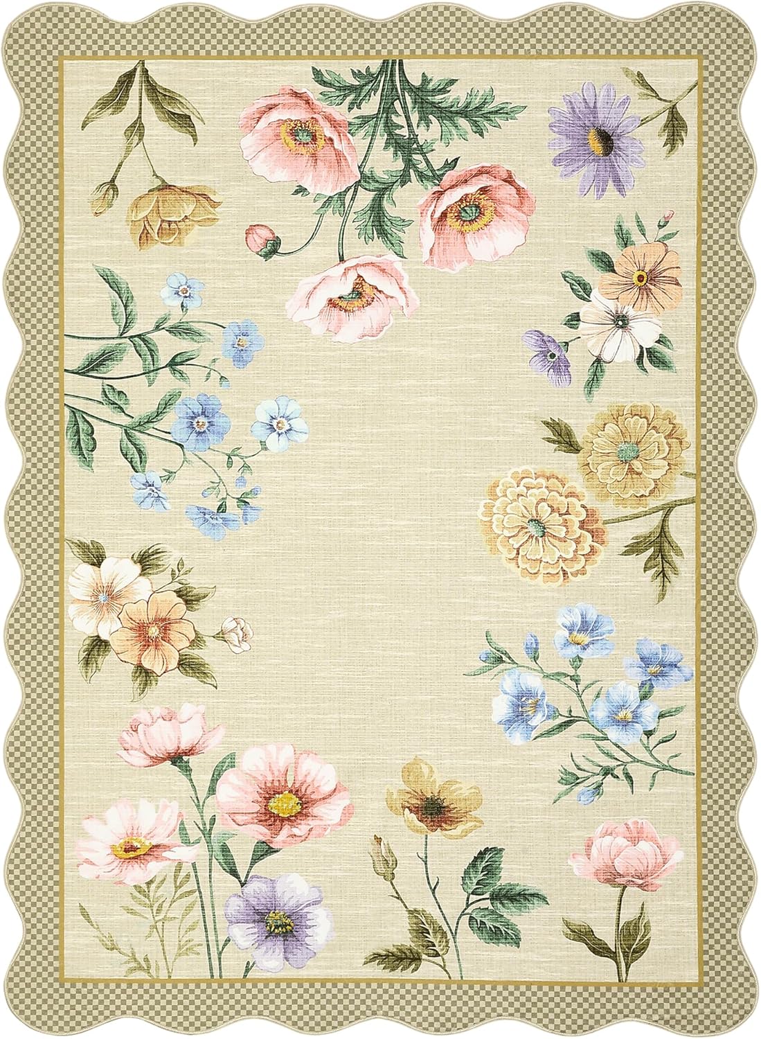 Floral 4x6 Rug, Ultra-Thin Soft Scalloped 4X6 Area Rug for Living Room, Non-Slip Stain Resistant Boho Lightweight Low-Pile Throw Rug for Nursery Office, Yellow