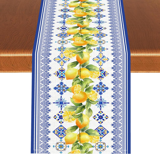 Lemon Tiles Table Runner, Summer Fruit Yellow Lemon Mediterranean Ceramic Watercolor Farmhouse Table Runner for Coffee Table Home Party Kitchen Dining Table Wedding Party Decor 13x36 inches
