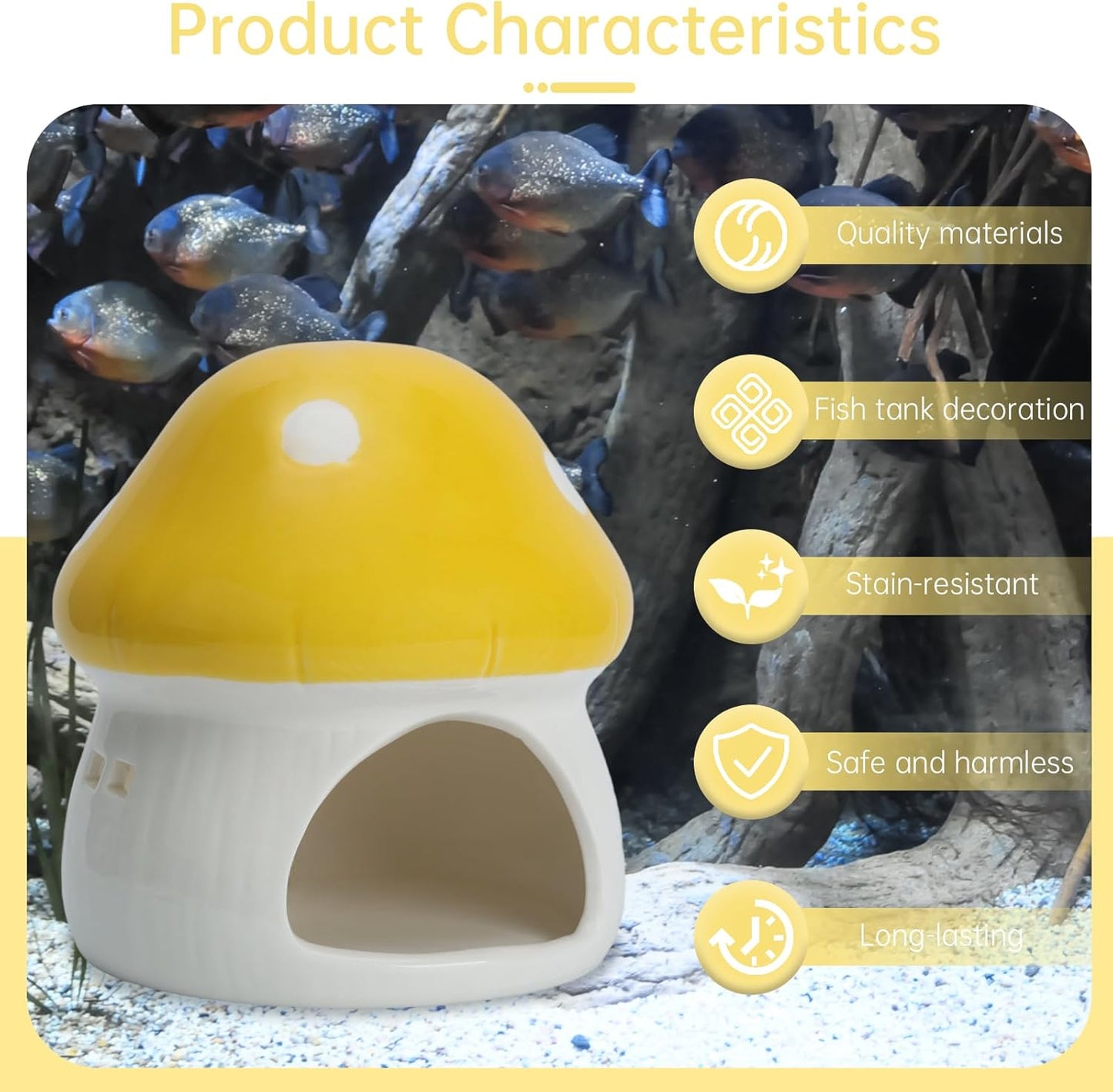 Ceramic Mushroom Aquarium Decor Cute Mini House Betta Fish Tank Accessories Decoration Hideaway Hideout Cave Ornament for Small Fish, Shrimp, Goldfish and Reptiles (Yellow, Large)