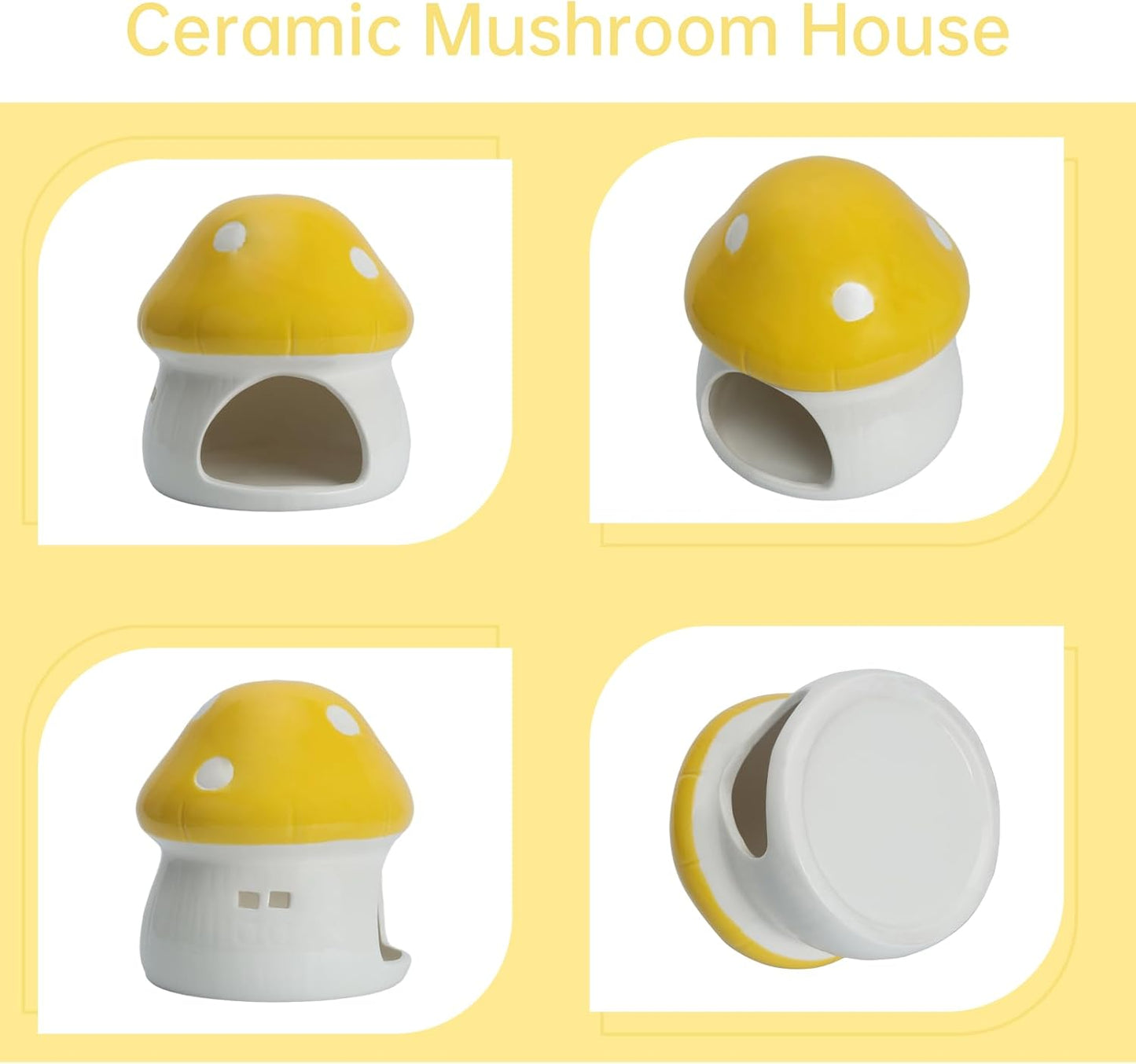 Ceramic Mushroom Aquarium Decor Cute Mini House Betta Fish Tank Accessories Decoration Hideaway Hideout Cave Ornament for Small Fish, Shrimp, Goldfish and Reptiles (Yellow, Large)