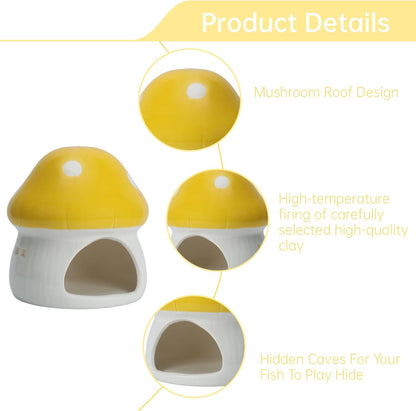 Ceramic Mushroom Aquarium Decor Cute Mini House Betta Fish Tank Accessories Decoration Hideaway Hideout Cave Ornament for Small Fish, Shrimp, Goldfish and Reptiles (Yellow, Large)