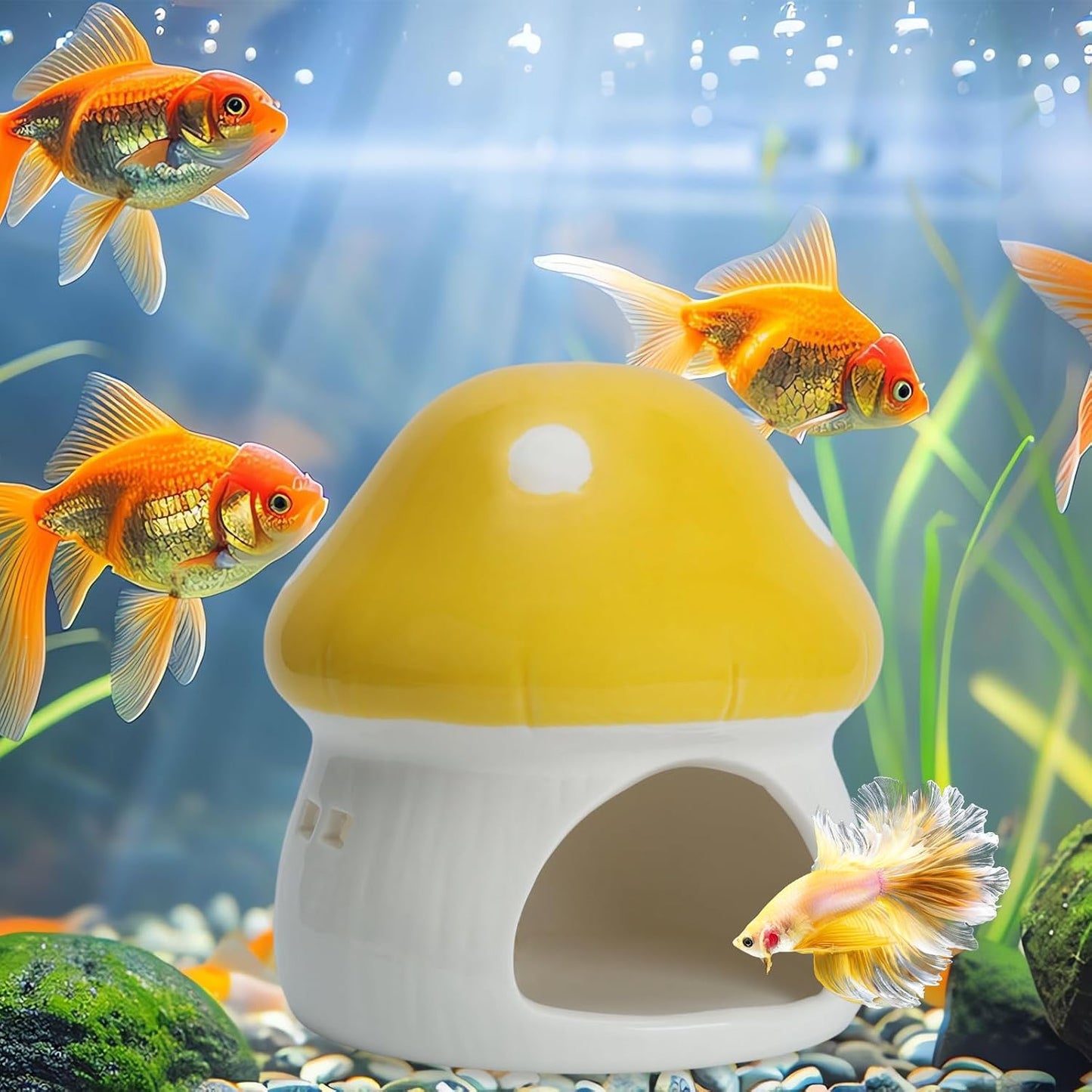 Ceramic Mushroom Aquarium Decor Cute Mini House Betta Fish Tank Accessories Decoration Hideaway Hideout Cave Ornament for Small Fish, Shrimp, Goldfish and Reptiles (Yellow, Large)