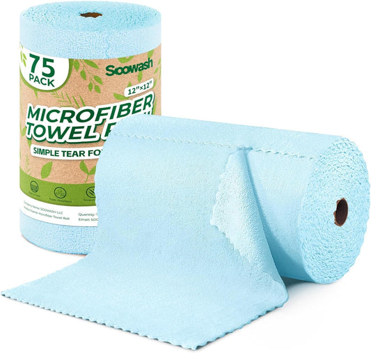 Microfiber Cleaning Cloths Roll 75 Pack 12x12 Inch Lint Free | Tear away design, lint free, washable, scratch free, ultra absorbent, for dish rags and household cleaning, Yellow color
