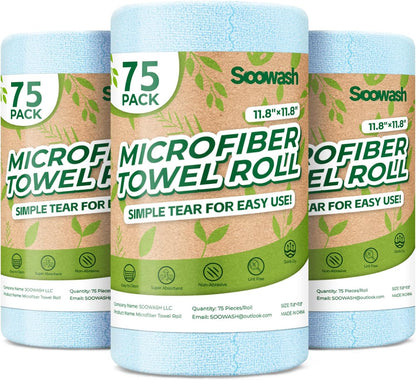 Microfiber Cleaning Cloths Roll 75 Pack 12x12 Inch Lint Free | Tear away design, lint free, washable, scratch free, ultra absorbent, for dish rags and household cleaning, Yellow color