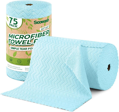 Microfiber Cleaning Cloths Roll 75 Pack 12x12 Inch Lint Free | Tear away design, lint free, washable, scratch free, ultra absorbent, for dish rags and household cleaning, Yellow color