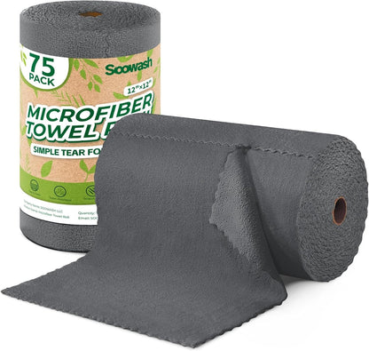 Microfiber Cleaning Cloths Roll 75 Pack 12x12 Inch Lint Free | Tear away design, lint free, washable, scratch free, ultra absorbent, for dish rags and household cleaning, Yellow color