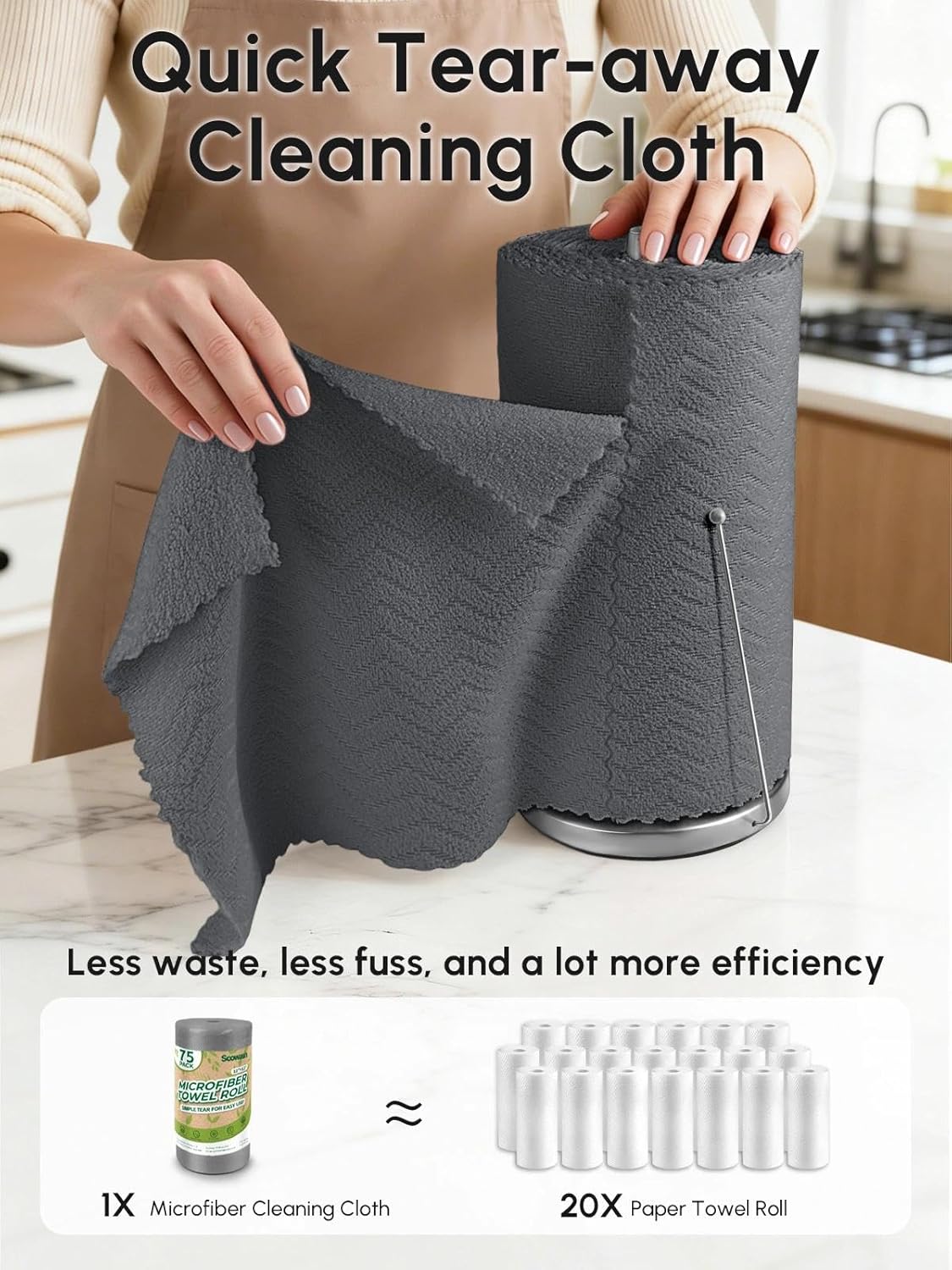 Microfiber Cleaning Cloths Roll 75 Pack 12x12 Inch Lint Free | Tear away design, lint free, washable, scratch free, ultra absorbent, for dish rags and household cleaning, Yellow color