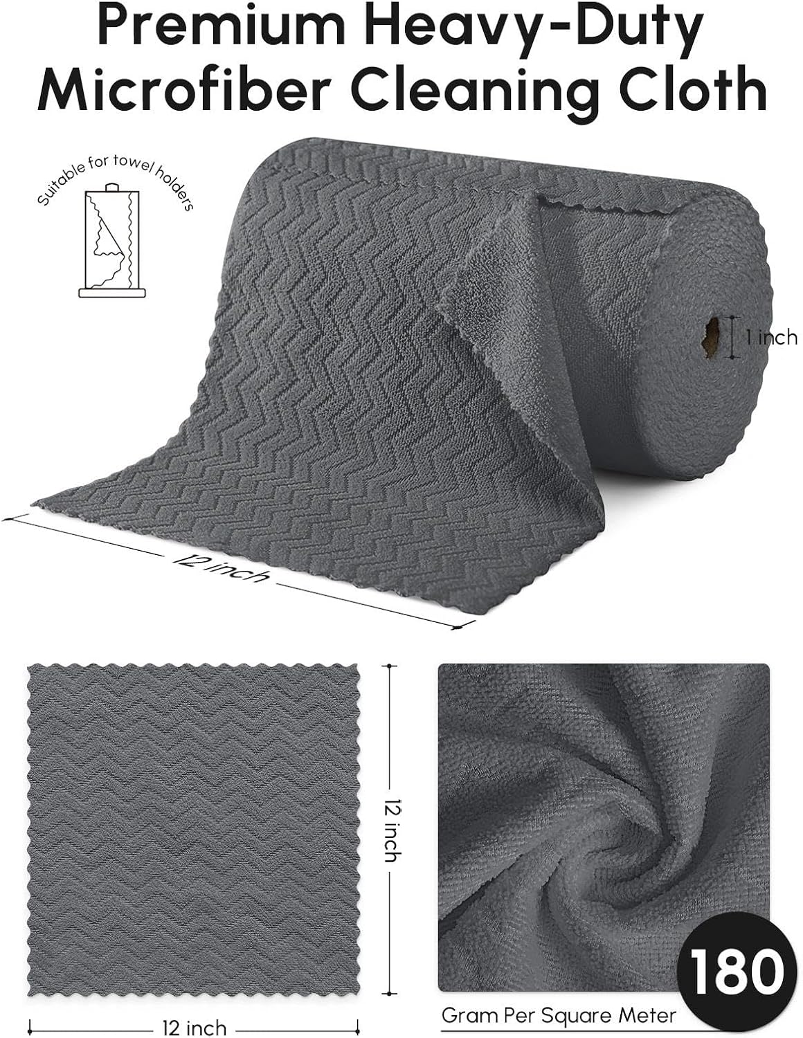 Microfiber Cleaning Cloths Roll 75 Pack 12x12 Inch Lint Free | Tear away design, lint free, washable, scratch free, ultra absorbent, for dish rags and household cleaning, Yellow color