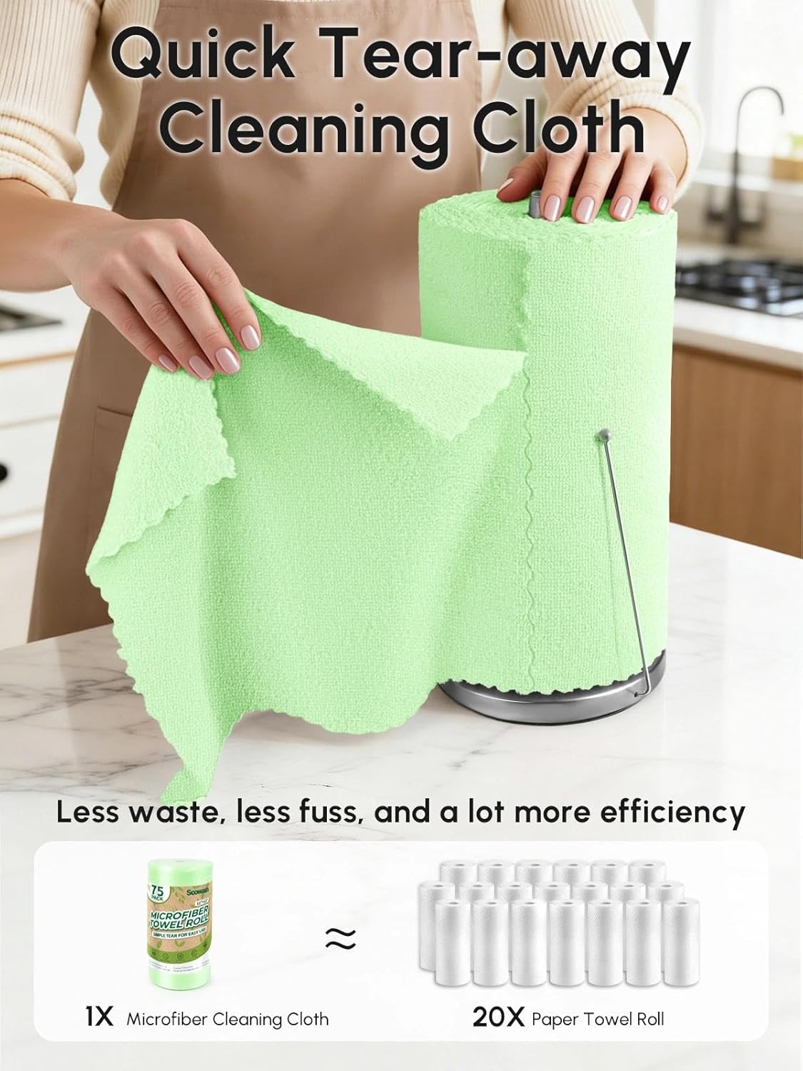 Microfiber Cleaning Cloths Roll 75 Pack 12x12 Inch Lint Free | Tear away design, lint free, washable, scratch free, ultra absorbent, for dish rags and household cleaning, Yellow color