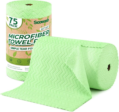 Microfiber Cleaning Cloths Roll 75 Pack 12x12 Inch Lint Free | Tear away design, lint free, washable, scratch free, ultra absorbent, for dish rags and household cleaning, Yellow color