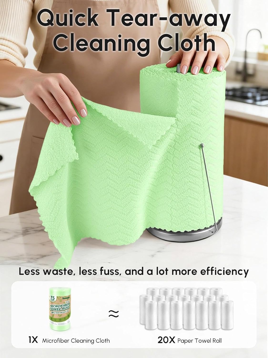 Microfiber Cleaning Cloths Roll 75 Pack 12x12 Inch Lint Free | Tear away design, lint free, washable, scratch free, ultra absorbent, for dish rags and household cleaning, Yellow color