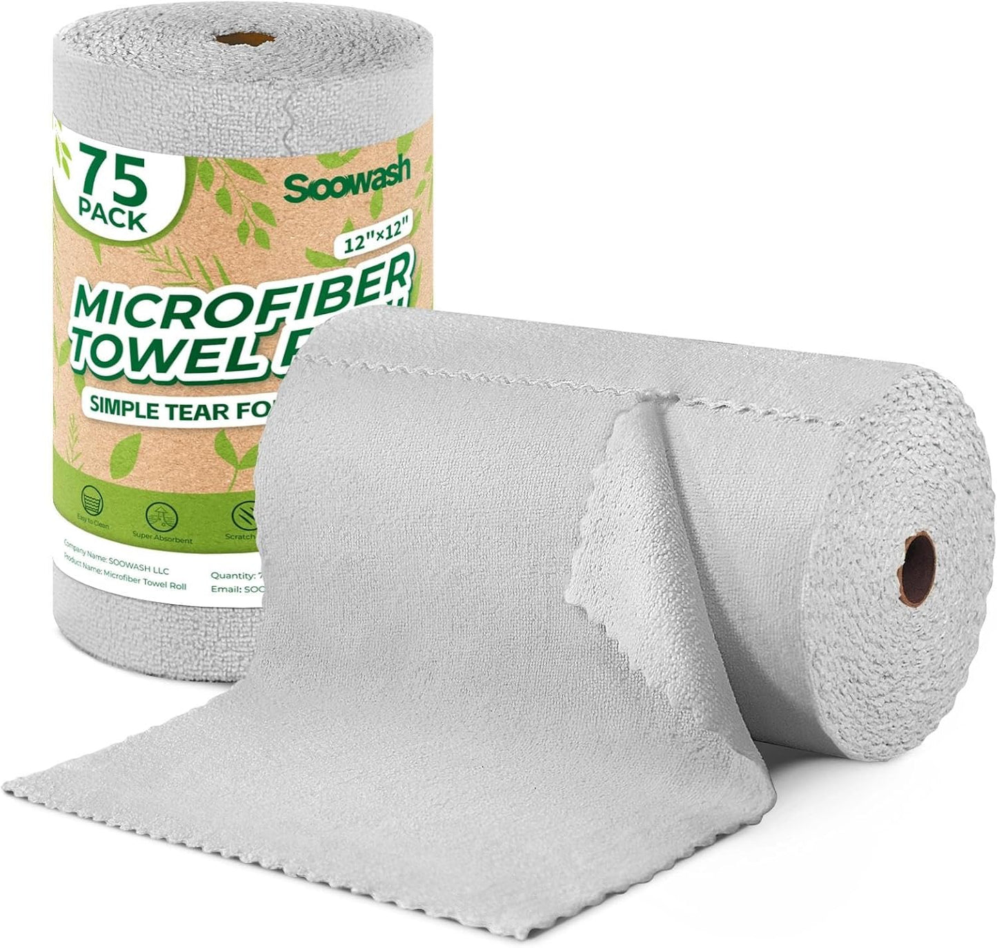 Microfiber Cleaning Cloths Roll 75 Pack 12x12 Inch Lint Free | Tear away design, lint free, washable, scratch free, ultra absorbent, for dish rags and household cleaning, Yellow color
