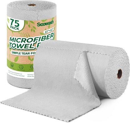 Microfiber Cleaning Cloths Roll 75 Pack 12x12 Inch Lint Free | Tear away design, lint free, washable, scratch free, ultra absorbent, for dish rags and household cleaning, Yellow color