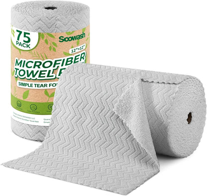 Microfiber Cleaning Cloths Roll 75 Pack 12x12 Inch Lint Free | Tear away design, lint free, washable, scratch free, ultra absorbent, for dish rags and household cleaning, Yellow color