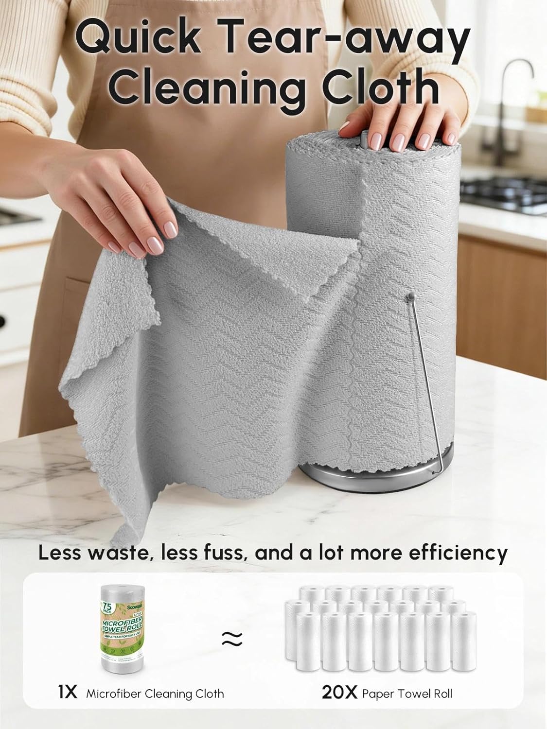Microfiber Cleaning Cloths Roll 75 Pack 12x12 Inch Lint Free | Tear away design, lint free, washable, scratch free, ultra absorbent, for dish rags and household cleaning, Yellow color