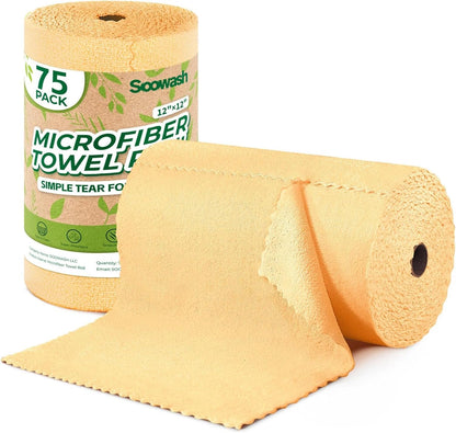 Microfiber Cleaning Cloths Roll 75 Pack 12x12 Inch Lint Free | Tear away design, lint free, washable, scratch free, ultra absorbent, for dish rags and household cleaning, Yellow color