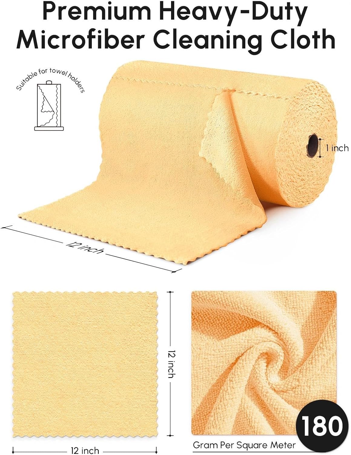 Microfiber Cleaning Cloths Roll 75 Pack 12x12 Inch Lint Free | Tear away design, lint free, washable, scratch free, ultra absorbent, for dish rags and household cleaning, Yellow color
