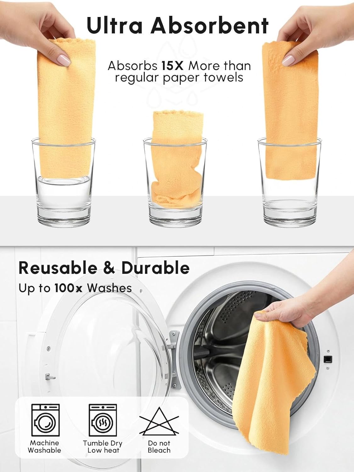 Microfiber Cleaning Cloths Roll 75 Pack 12x12 Inch Lint Free | Tear away design, lint free, washable, scratch free, ultra absorbent, for dish rags and household cleaning, Yellow color