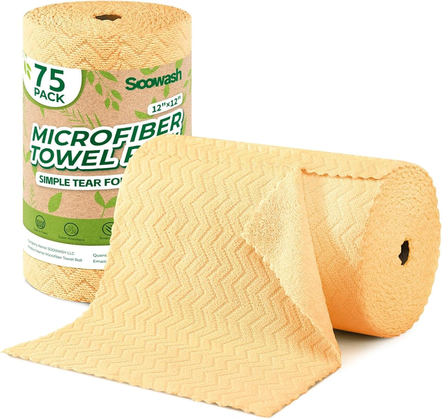 Microfiber Cleaning Cloths Roll 75 Pack 12x12 Inch Lint Free | Tear away design, lint free, washable, scratch free, ultra absorbent, for dish rags and household cleaning, Yellow color