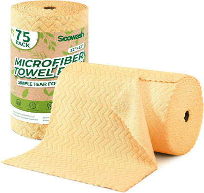 Microfiber Cleaning Cloths Roll 75 Pack 12x12 Inch Lint Free | Tear away design, lint free, washable, scratch free, ultra absorbent, for dish rags and household cleaning, Yellow color