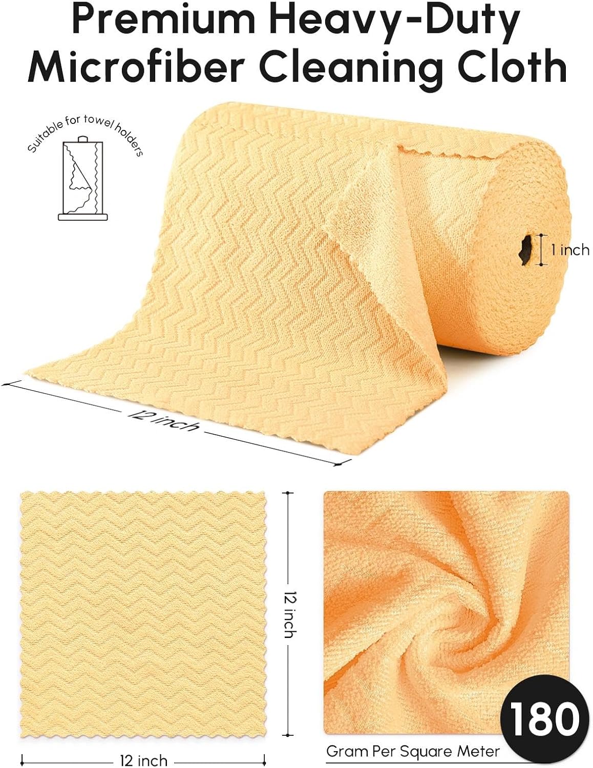 Microfiber Cleaning Cloths Roll 75 Pack 12x12 Inch Lint Free | Tear away design, lint free, washable, scratch free, ultra absorbent, for dish rags and household cleaning, Yellow color