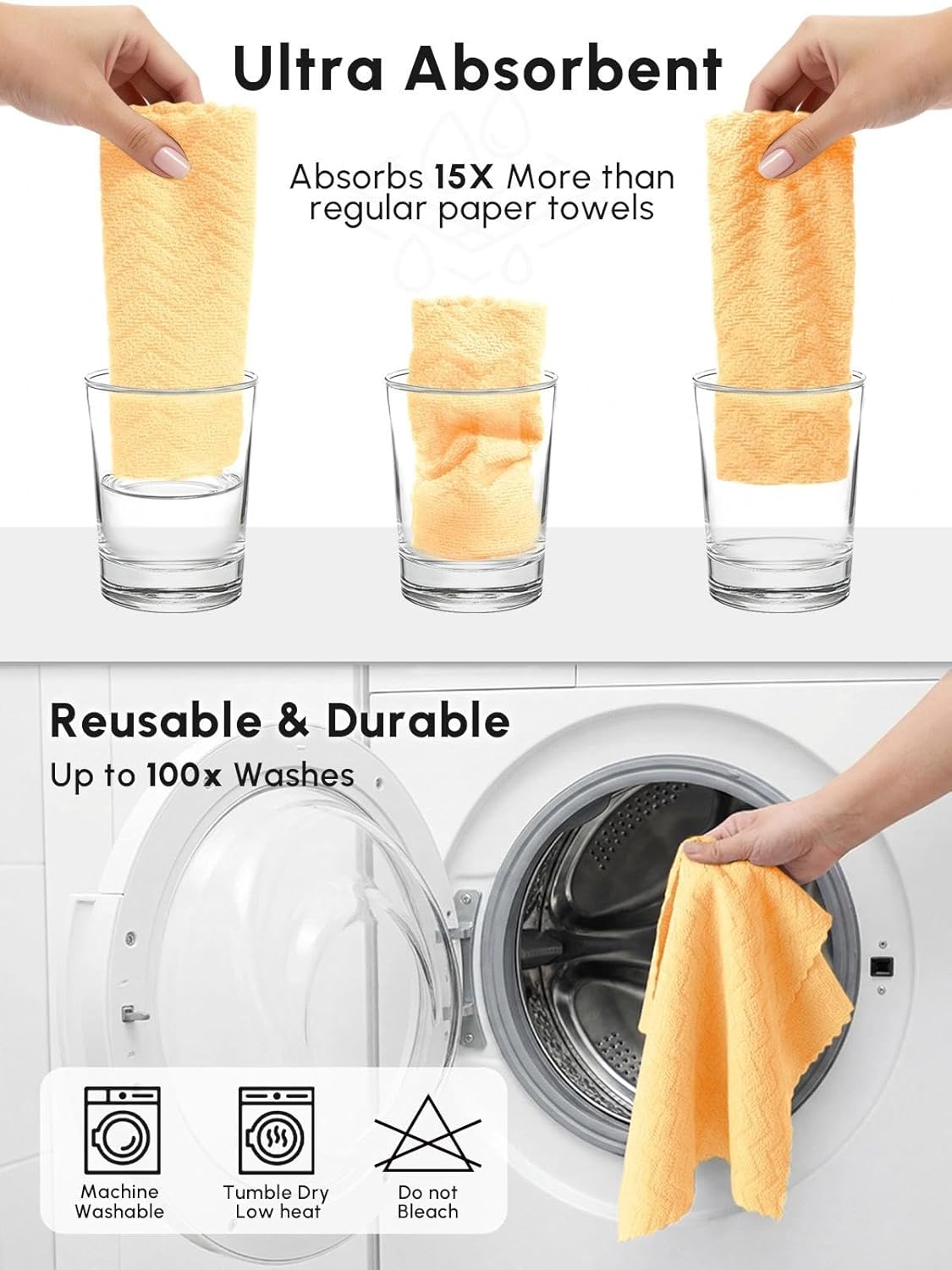 Microfiber Cleaning Cloths Roll 75 Pack 12x12 Inch Lint Free | Tear away design, lint free, washable, scratch free, ultra absorbent, for dish rags and household cleaning, Yellow color