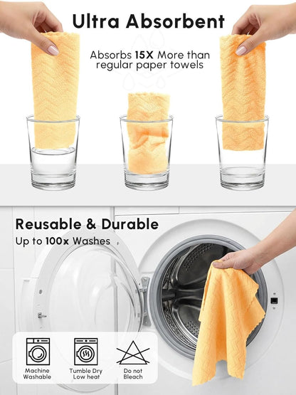 Microfiber Cleaning Cloths Roll 75 Pack 12x12 Inch Lint Free | Tear away design, lint free, washable, scratch free, ultra absorbent, for dish rags and household cleaning, Yellow color