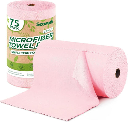 Microfiber Cleaning Cloths Roll 75 Pack 12x12 Inch Lint Free | Tear away design, lint free, washable, scratch free, ultra absorbent, for dish rags and household cleaning, Yellow color