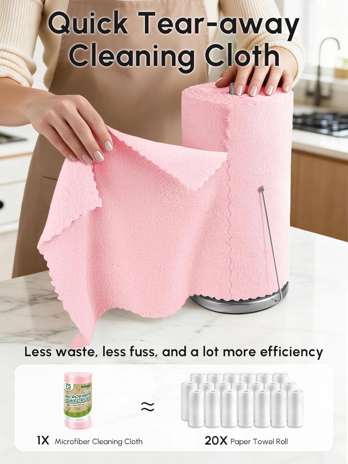 Microfiber Cleaning Cloths Roll 75 Pack 12x12 Inch Lint Free | Tear away design, lint free, washable, scratch free, ultra absorbent, for dish rags and household cleaning, Yellow color