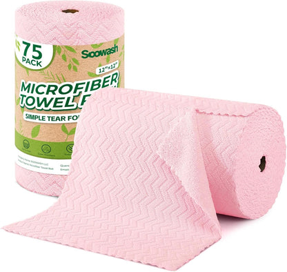 Microfiber Cleaning Cloths Roll 75 Pack 12x12 Inch Lint Free | Tear away design, lint free, washable, scratch free, ultra absorbent, for dish rags and household cleaning, Yellow color