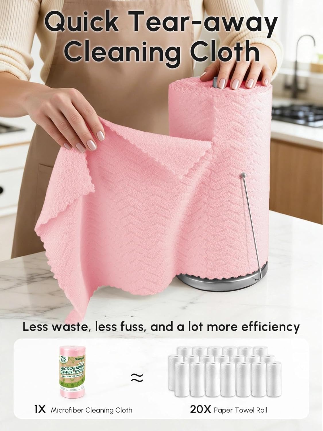 Microfiber Cleaning Cloths Roll 75 Pack 12x12 Inch Lint Free | Tear away design, lint free, washable, scratch free, ultra absorbent, for dish rags and household cleaning, Yellow color