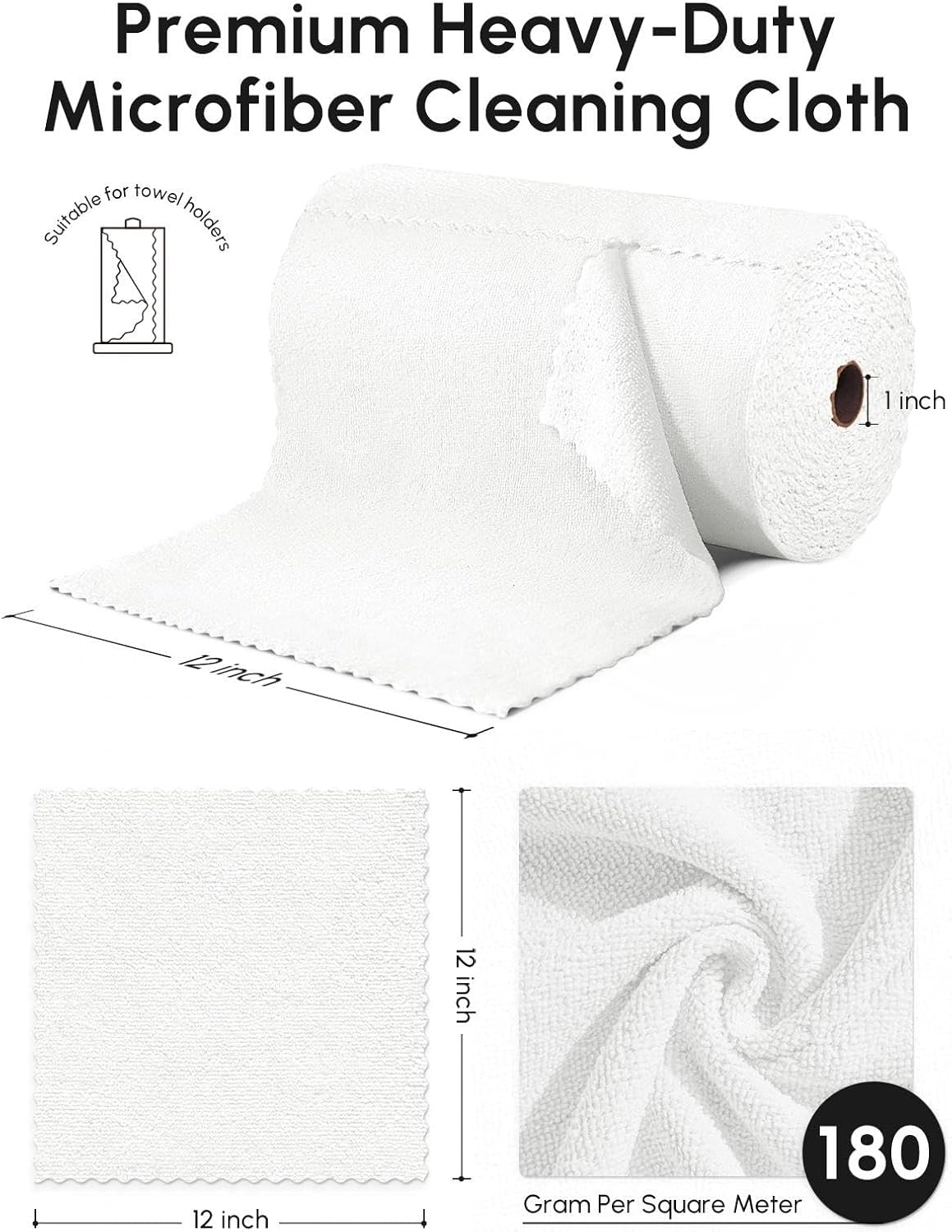 Microfiber Cleaning Cloths Roll 75 Pack 12x12 Inch Lint Free | Tear away design, lint free, washable, scratch free, ultra absorbent, for dish rags and household cleaning, Yellow color