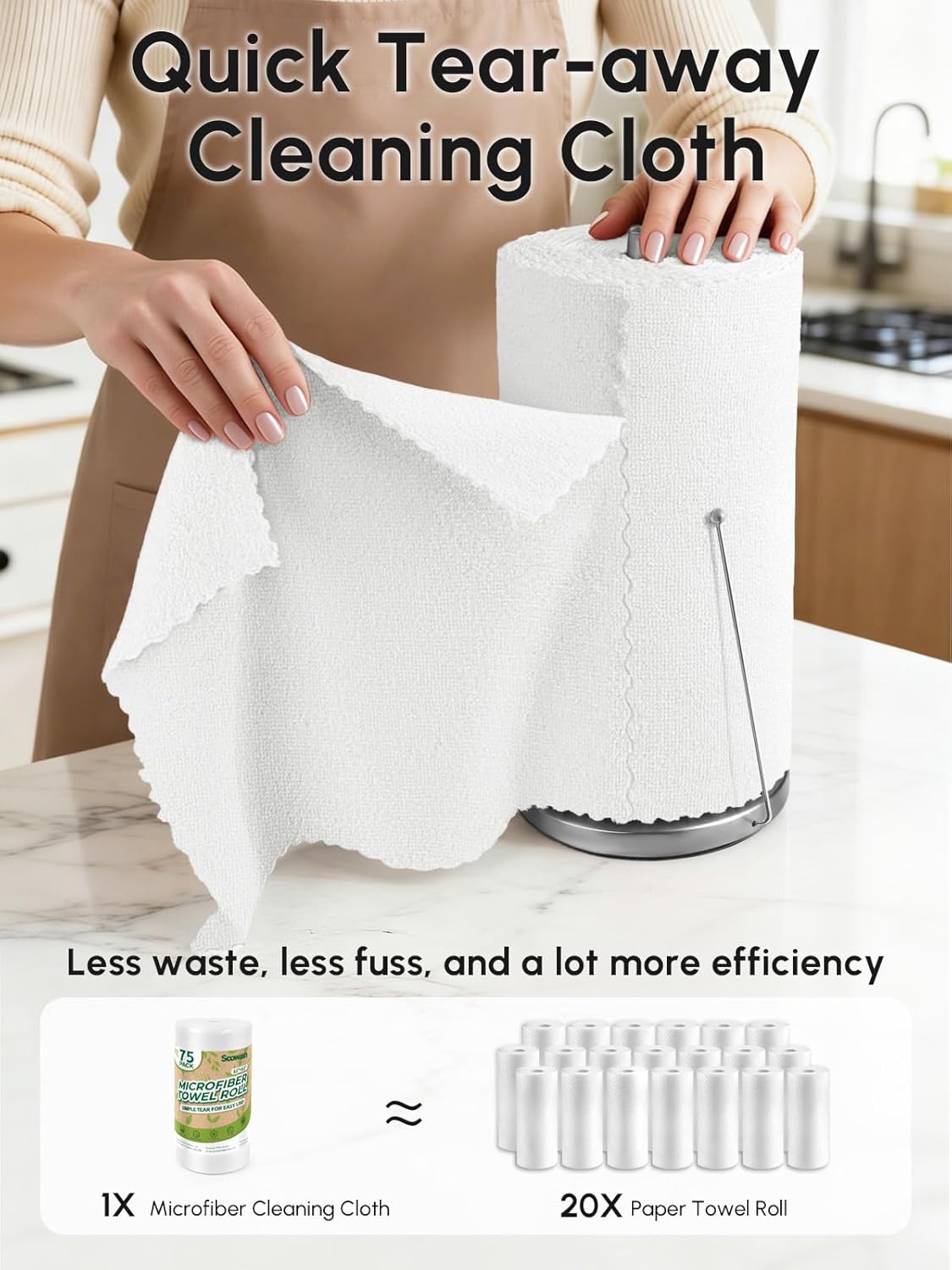 Microfiber Cleaning Cloths Roll 75 Pack 12x12 Inch Lint Free | Tear away design, lint free, washable, scratch free, ultra absorbent, for dish rags and household cleaning, Yellow color