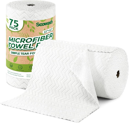 Microfiber Cleaning Cloths Roll 75 Pack 12x12 Inch Lint Free | Tear away design, lint free, washable, scratch free, ultra absorbent, for dish rags and household cleaning, Yellow color