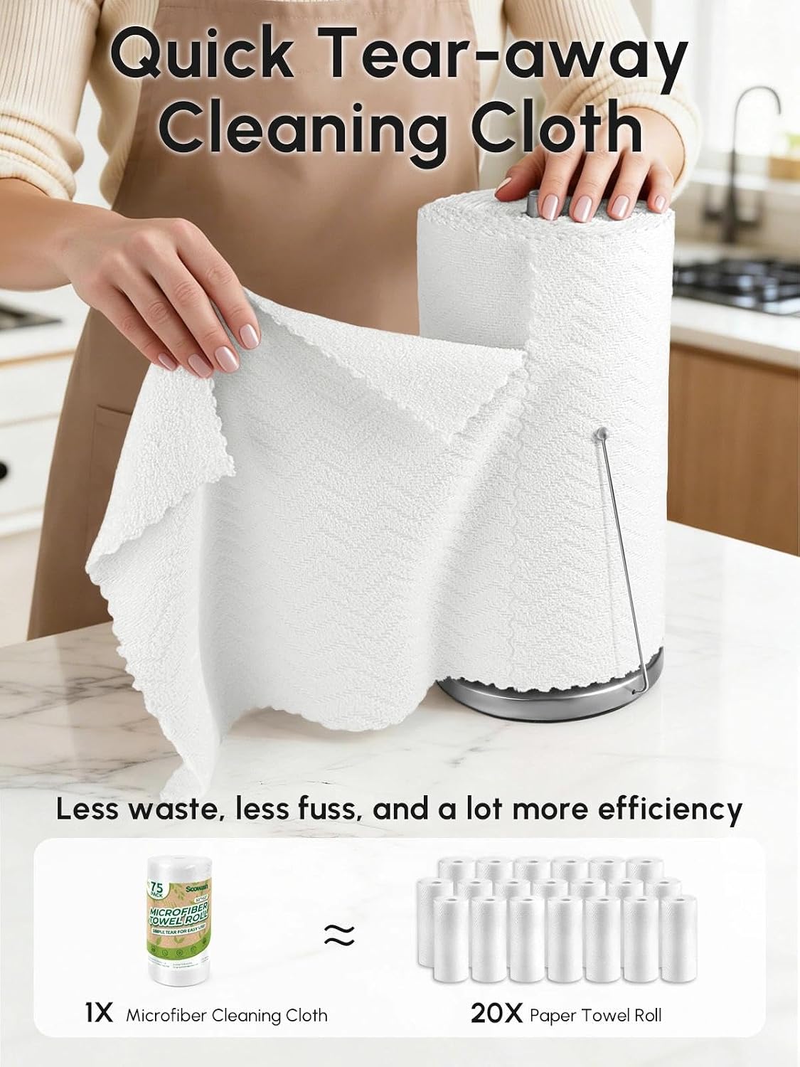 Microfiber Cleaning Cloths Roll 75 Pack 12x12 Inch Lint Free | Tear away design, lint free, washable, scratch free, ultra absorbent, for dish rags and household cleaning, Yellow color